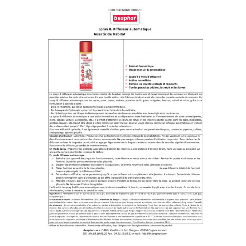Beaphar - Spray et Diffuseur Insecticide Automatique - 250 ml - 80m2